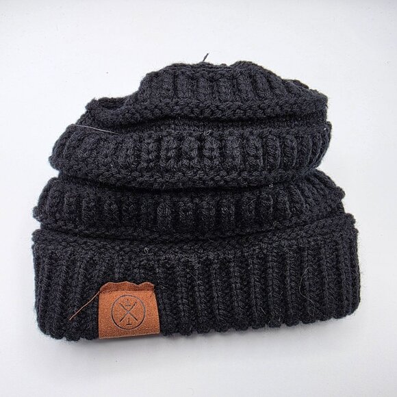 TxT Knit Pom Beanie Black Faux Fur One Size Ribbed Winter Warm Hat Casual - Picture 4 of 6